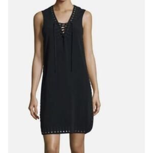 New Derek Lam 10 Crosby Lace Up Embroidered Grommet Tank Dress Black 2 / XS